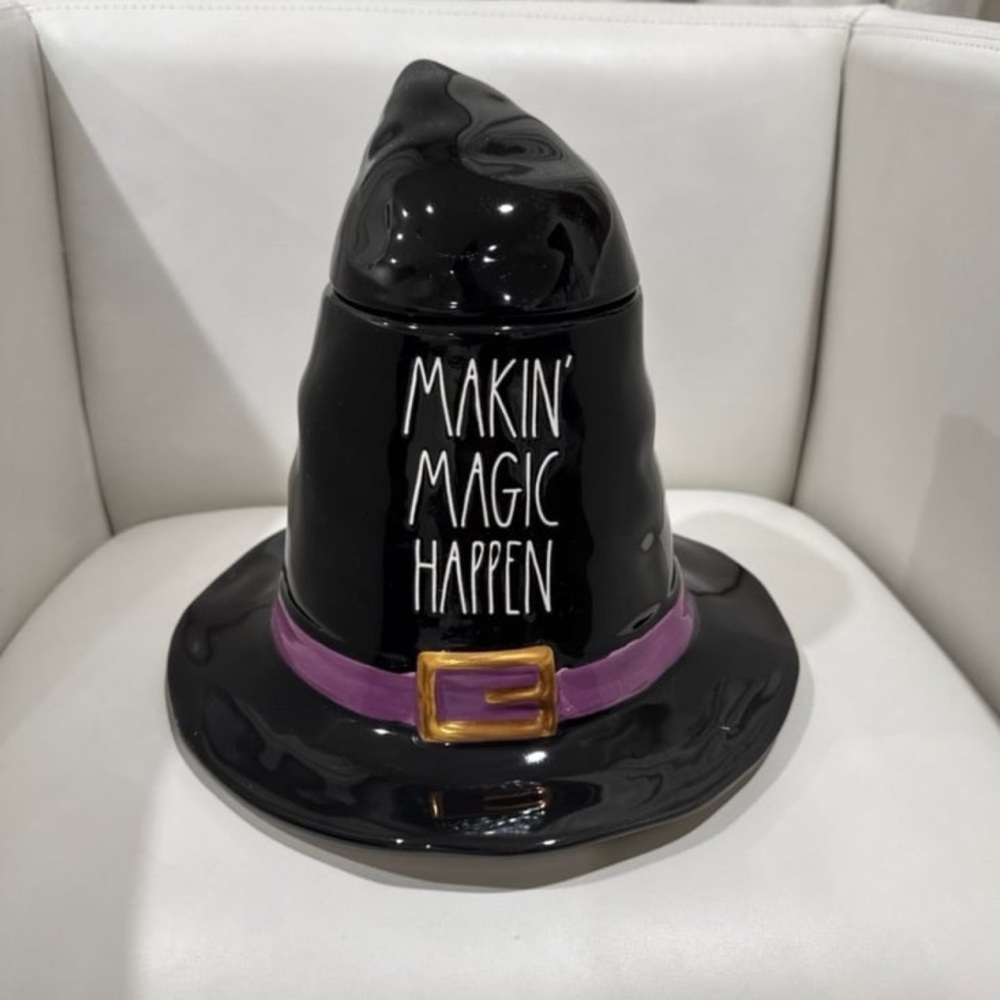 Rae Dunn Black Witch Hat Canister with Purple & Gold Accents MAKIN MAGIC HAPPEN